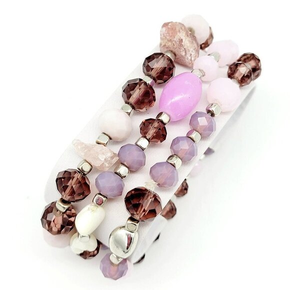 Set of 3 Stretch Stacker Bracelets Amethyst Color Glass Pink Purple White Casual - Picture 4 of 5